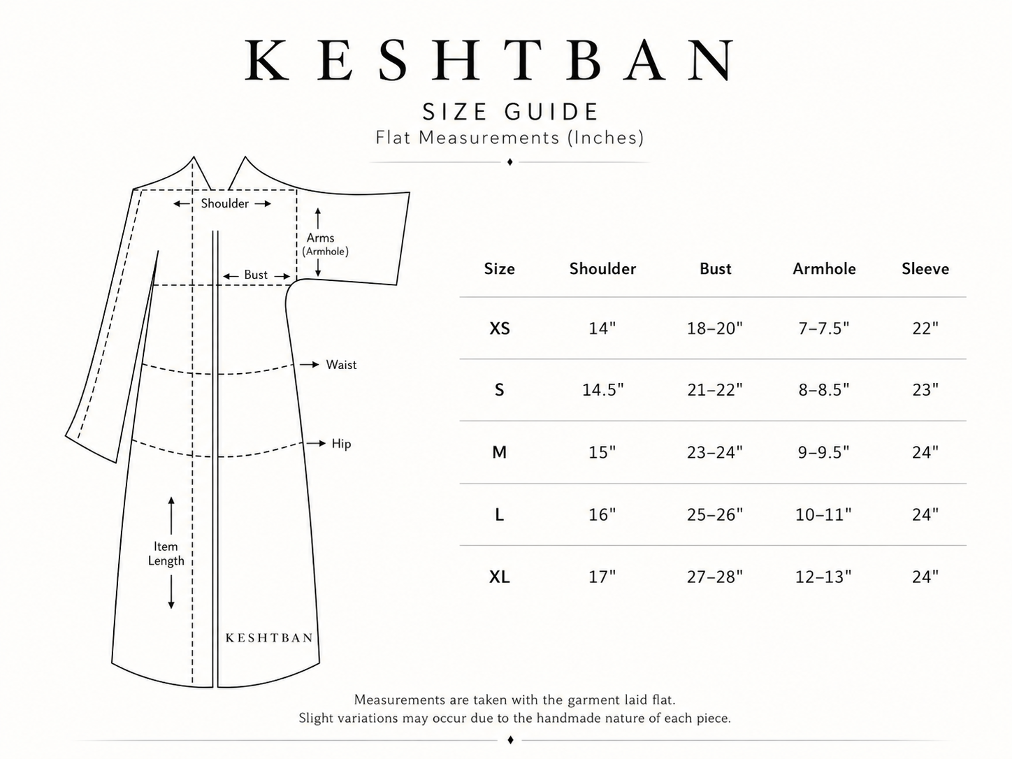 Keshtban size chart